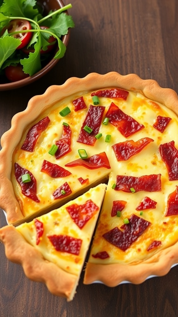 A golden quiche Lorraine with crispy bacon and cheese, garnished with chives, on a wooden table with a slice removed.